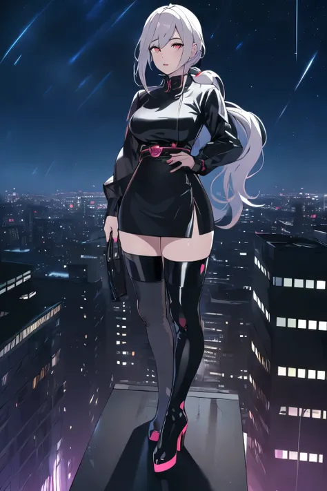 anime, (artwork, best quality, ultra-detailed, high contrast), 1 woman (Alone, full body, plus size body, standing on the edge of the skyscraper, silver hair, LONG In a ponytail, red eyes (detailed eyes), embarrassed expression, red lips (perfect lips), ru...