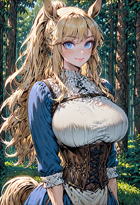 solo, female, medium short, sfw, long hair, ponytail, blonde hair, wavy hair, horse ears, blue eyes, pale, forest, huge breasts,...