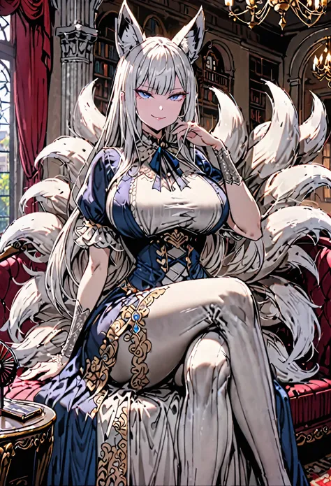 solo, female, sfw, medium shot, silver hair, long straight hair, blue eyes, fox ears, multiple tails, fox tails, Victorian dress, mansion, crossed legs, smug smile, huge breasts, hand fan, sitting, velvet couch, chandelier, western dress