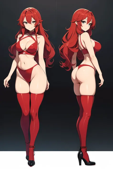 Tall Anime Girl, DETAILED IMAGE, Small breasts, Red Long Curly Hair, WITHOUT BANGS, full body,  cleavage, Thin Waist, Wide Hips, Sexy clothing, smile expression