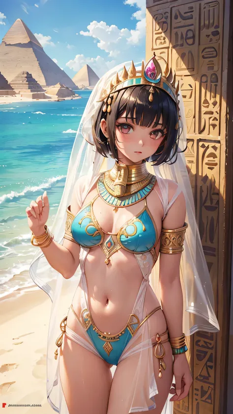 All intricate details: "(MahabharataPunkAI, ((see through, short clearswimsuit)), tan skin, beautiful, Egypt style, egypt girl, cute, 1 girl view, ((+18)),random angle shot)"