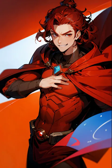 dark red hair, curly hair, red cloak, red gem on chest, orange outfit, space background, male, lean, man bun, smirking