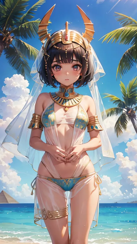 All intricate details: "(MahabharataPunkAI, ((see through, short clearswimsuit)), tan skin, beautiful, Egypt style, egypt girl, cute, 1 girl view, ((+18)),random angle shot)"