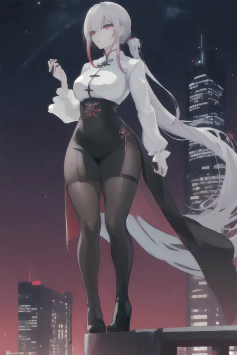 anime, (artwork, best quality, ultra-detailed, high contrast), 1 woman (Alone, full body, plus size body, standing on the edge of the skyscraper, silver hair, LONG In a ponytail, red eyes (detailed eyes), passionate expression, red lips (perfect lips), rub...