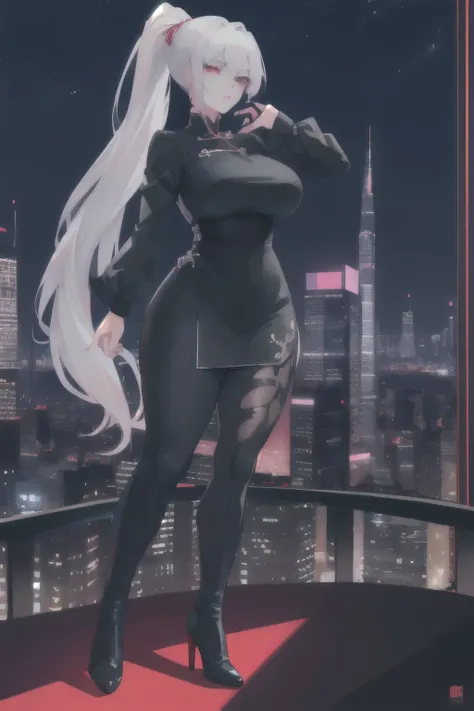 anime, (artwork, best quality, ultra-detailed, high contrast), 1 woman (Alone, full body, plus size body, standing on the edge of the skyscraper, silver hair, LONG In a ponytail, red eyes (detailed eyes), passionate expression, red lips (perfect lips), rub...