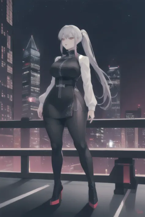 anime, (artwork, best quality, ultra-detailed, high contrast), 1 woman (Alone, full body, plus size body, standing on the edge of the skyscraper, silver hair, LONG In a ponytail, red eyes (detailed eyes), passionate expression, red lips (perfect lips), rub...