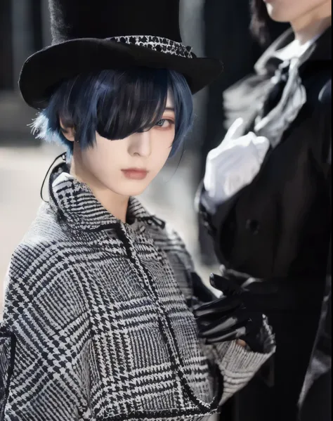 there is a woman with blue hair wearing a top hat, cosplay de anime, pintar ulzzang, cosplay, cosplay profissional, merda, delic...