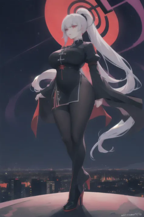 anime, (artwork, best quality, ultra-detailed, high contrast), 1 woman (Alone, full body, plus size body, standing on the edge of the skyscraper, silver hair, LONG In a ponytail, red eyes (detailed eyes), passionate expression, red lips (perfect lips), rub...