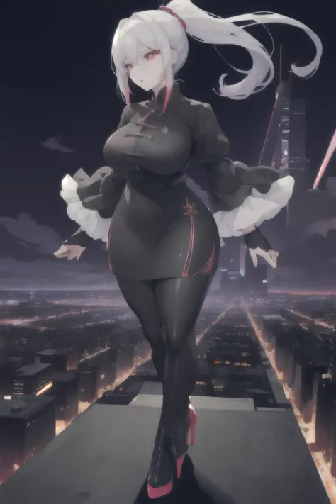 anime, (artwork, best quality, ultra-detailed, high contrast), 1 woman (Alone, full body, plus size body, standing on the edge of the skyscraper, silver hair, LONG In a ponytail, red eyes (detailed eyes), passionate expression, red lips (perfect lips), rub...