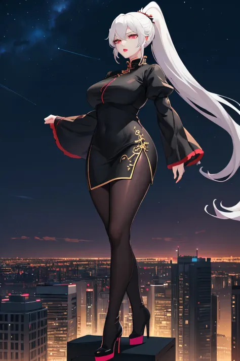 anime, (artwork, best quality, ultra-detailed, high contrast), 1 woman (Alone, full body, plus size body, standing on the edge of the skyscraper, silver hair, LONG In a ponytail, red eyes (detailed eyes), passionate expression, red lips (perfect lips), rub...