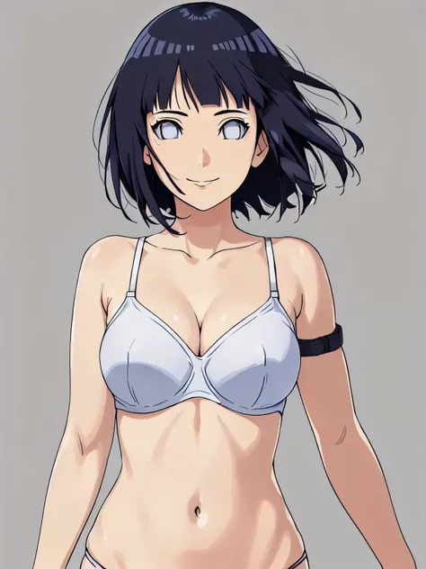 (hinata(boruto), (high quality, anime, standing, ultra detailed body and face and arms, very high resolution), ((wrestling outfit: mini bra for wrestling, arm strap, arm strap)), ((slender woman, off-shoulders, wide shoulders, (long belly), thick arms, sup...