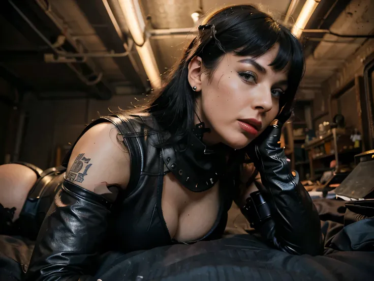 a girl Mad Max inspirado, heavy metal artwork , 25 years old, Bettie Page, making love with a man completely lying down on a black satin bed , large penetration from behind,ponytail, black hair, clear blue eyes, mouth open, completly dressed in a steampunk...