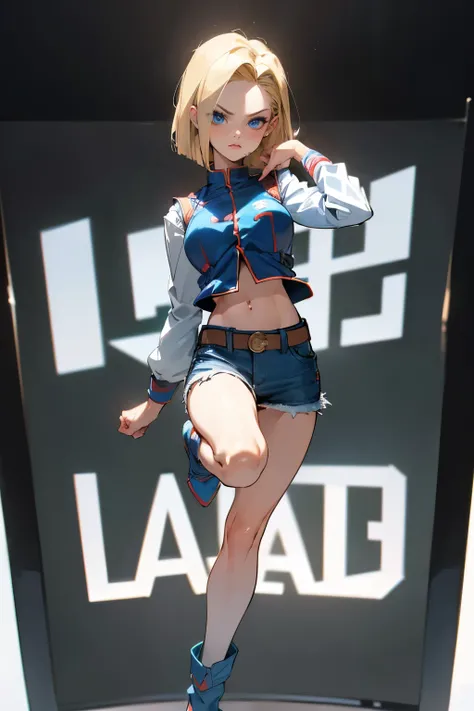 ((masterpiece, highest quality, Highest image quality, High resolution, photorealistic, Raw photo, 8K)), Woman with blonde short hair and black top, denim mini skirt, android 18, anime girl, (She is wearing a short skirt, a long-sleeved shirt, and a Slim D...