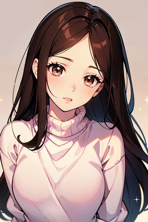 Girl, long straight brown hair, brown eyes, soft sharp features, white skin, pink lips, beautiful, sweater