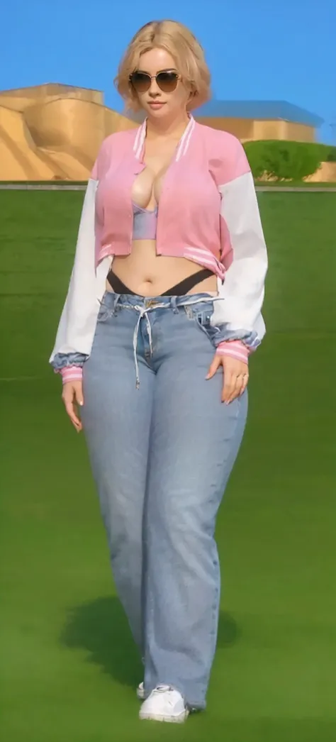 woman with pink jacket and bra and jeans walking, pose casual, camisa kawaii e jeans, close-up de corpo inteiro, foto de corpo inteiro hiperdetalhada, barriga exposta, wearing sunglasses, sunglasses, calcinha preta, usando calcinha preta debaixo do jeans