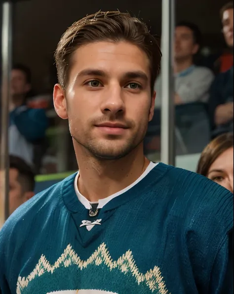 realistic, masterpiece, ((handsome 35 year old desirable caucasian man with distinguished features cheering at a crowded hockey game)), ((blue sweater, light brown medium length hair, cropped sides, clean shaved face, intriguing green eyes)), athletic buil...