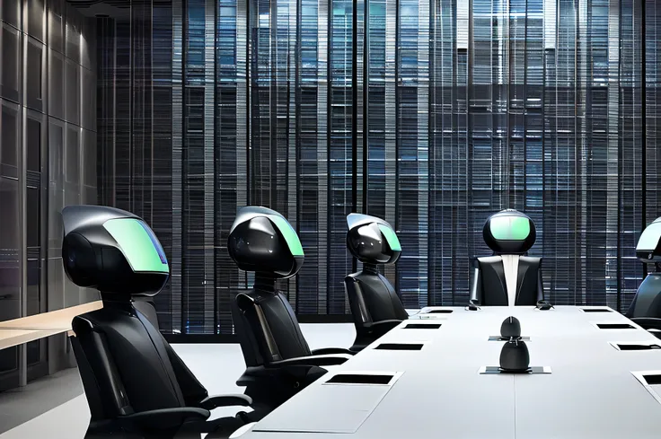 a meeting room with business robots wearing a real black tie suit, futuristic, interacting