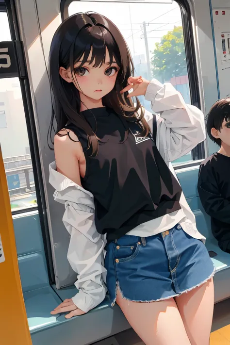 (child)，highest quality，Beautiful face in every detail，cute，Dark brown eyes，(背の低いcute女の子，Small young student，Young delicate girl）,（masterpiece，Top quality)，Black Hair，Sleepy expression，Sleeveless，Denim skirt，Inside the train