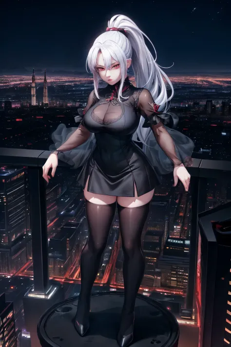 anime, (artwork, best quality, ultra-detailed, high contrast), 1 woman (Alone, full body, plus size body, standing on the edge of the skyscraper, silver hair, LONG In a ponytail, red eyes (detailed eyes), passionate expression, red lips (perfect lips), rub...