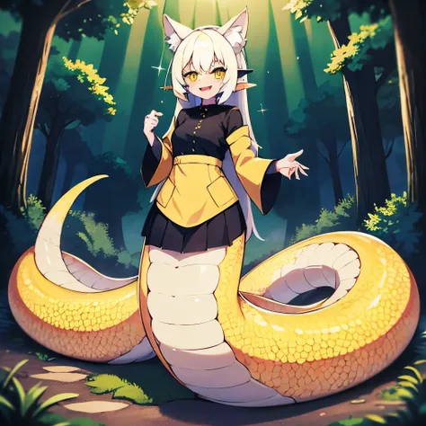 1girl, lamia, ((yellow scales)), silky tail, standing, black shirt, yellow jacket, white mini skirt, long white hair, amber eyes...