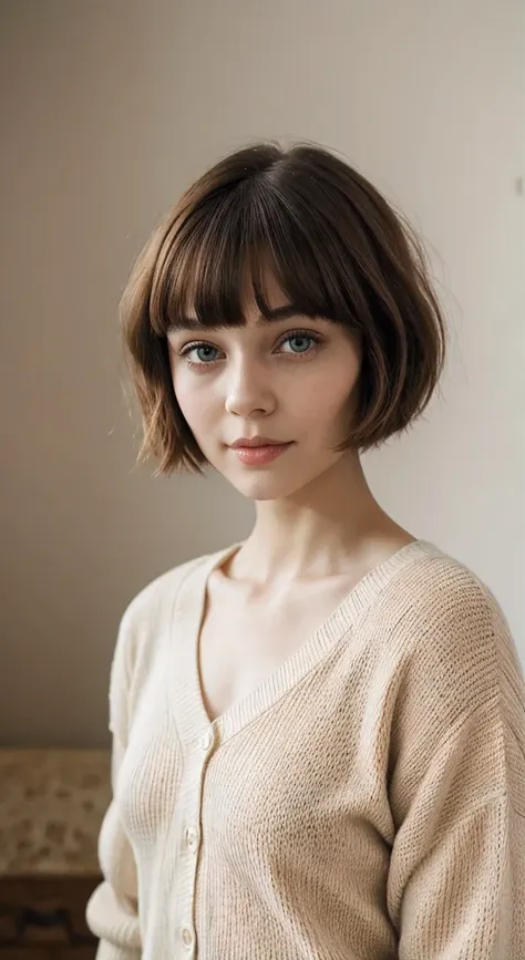 short hair and white summer knitwear, summer knitwear, short hair, short hair with bangs, girl with a cute face, portrait of a c...