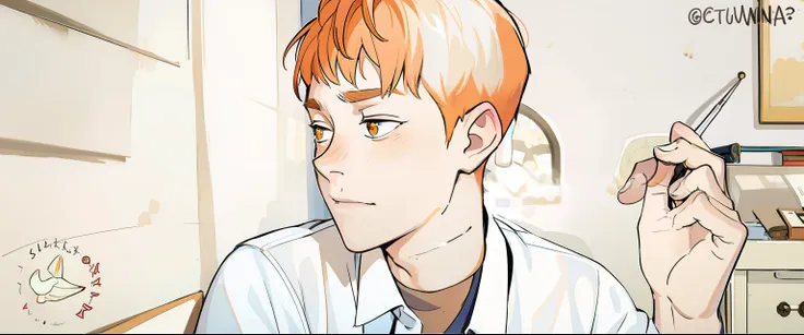 cute young 17 year old man is worried he is thoughtful he has orange hair orange eyes