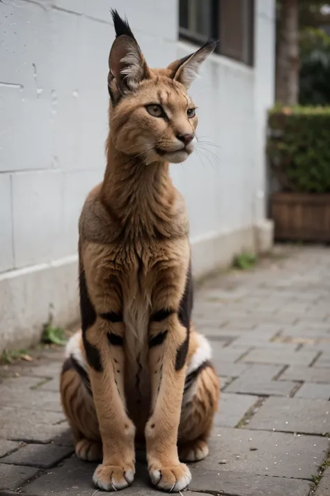 crie um animal caracal usando um moletom bege , em um fundo liso branco