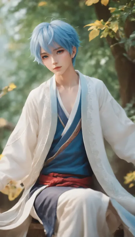 A striking full-body portrait of an anime boy, exquisitely rendered in 4D anime style。He is tall、Expressive anime faces、Underneath the cascade of blue hair reminiscent of Solando&#39;s hairstyle、Adorned with captivating blue eyes。Wearing a refreshing white...