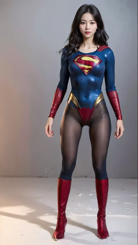 No background、(((Beautiful legs in black tights.)))、(((Legally express the beauty of your smile)))、((((Make the most of your original images)))、(((Body-hugging Supergirl costume)))、(((Supergirl Costume)))、(((Beautiful short hair)))、(((She is winking cutely...