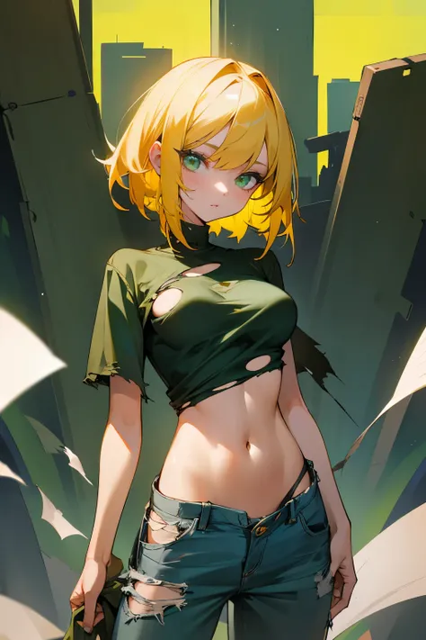 Girl, short yellow hair, beautiful green eyes, torn dark blue shirt, torn orange baggy pants, torn clothes, big breasts,