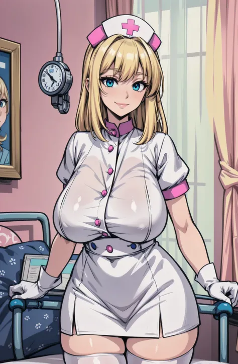 1 Female, nurse, nurse cap, White, ((White legwear, zettai ryouiki)), (sagging massive breasts), White gloves, Blonde Hair, blue eyes, Pink Lips, smile, Are standing, ((Hospital room)), Sharp contours, Short sleeve, Mature Woman, Age 35, highest quality, m...