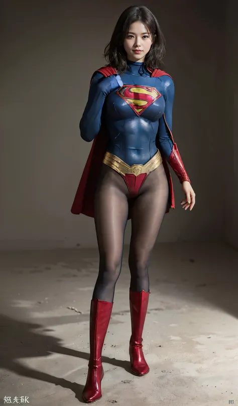 No background、(((Beautiful legs in black tights.)))、(((Legally express the beauty of your smile)))、((((Make the most of your original images)))、(((Body-hugging Supergirl costume)))、(((Supergirl Costume)))、(((Beautiful short hair)))、(((She is winking cutely...