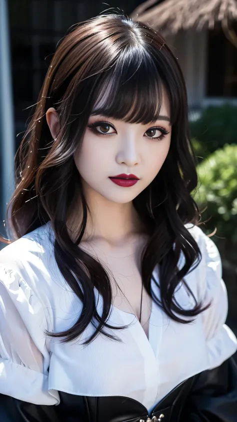 best quality、ultra-detailed、4k、Japanese、Seductive beauty、seductive adult woman、Pretty Woman、cool girl、Villainess、Brainwashed、brainwash、Fallen into evil、smirk、Evil look、Wicked Smile、evil、Brown hair、wavy hair、swept bangs、dark makeup、dark makeup、piercing eyes...