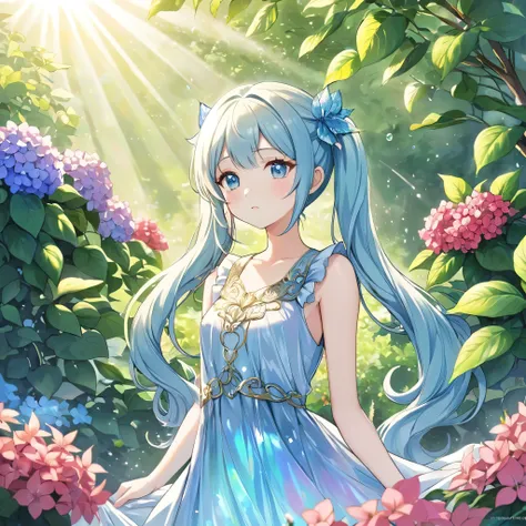 Girl in the Garden,Light blue long hair、Twin tails ,Red and blue hydrangea flowers,pastel colour,highest quality,Mediate:dream-like,Calm,Surreal,Fantasy,fine grain,Sophisticated dress,Lush greenery,Infinite steppe,Soft sunlight,magic,peaceful,Whimsical,ele...
