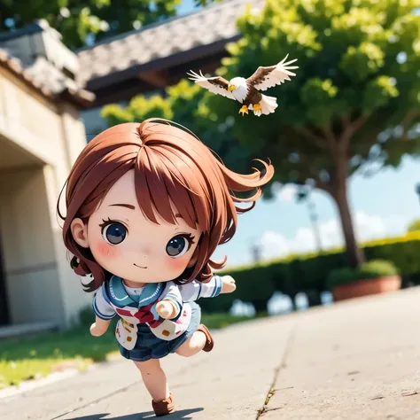 photorealistic、chibi girl doll（a  flying through the sky on the back of an eagle）