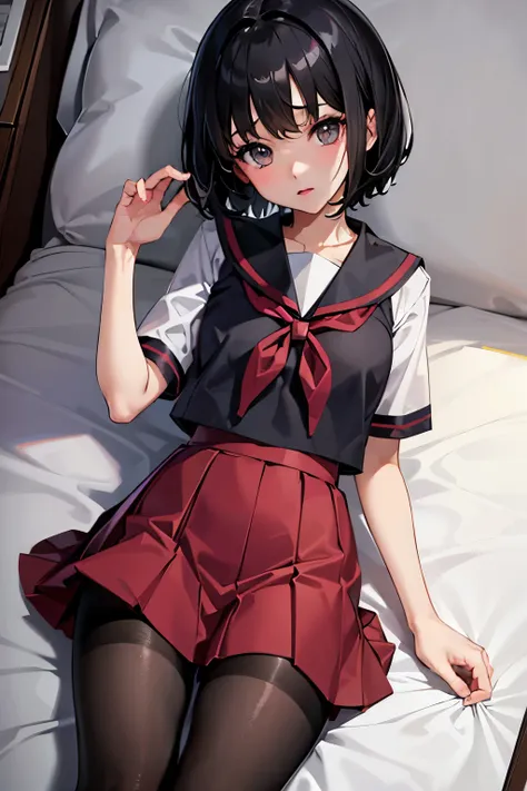 erica、pokémon、black hair、short hair、((pantyhose))、photo from below、medium chest、bedroom、one girl、red ribbon on head、((sailor sui...