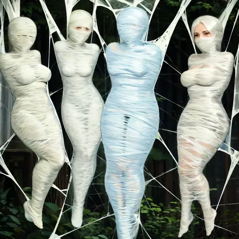 five woman in a tight web bondage, cocooned, struggle in the web