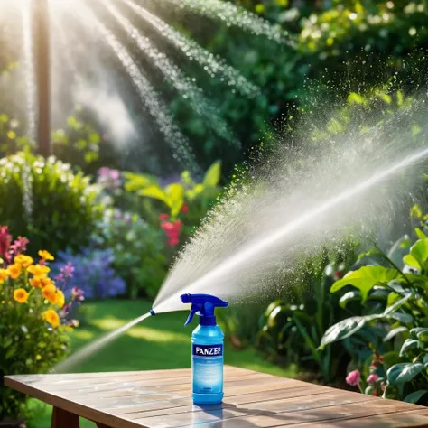 a close-up of a spray bottle, on a table spraying water, and in the background a beautiful garden, water spray, spray liquid, sprays, spray brush, professional product photo, water particles, misting, professional product photo, water particles, volumetric...