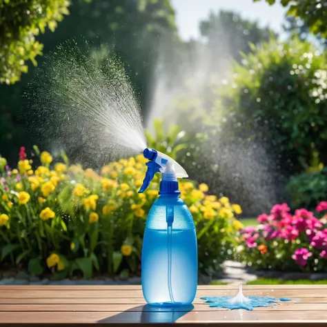 a close-up of a spray bottle, on a table spraying water, and in the background a beautiful garden, water spray, spray liquid, sp...