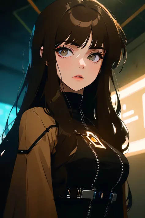 young woman, long brown hair, straight bangs, expressive brown eyes, intricate eyelashes, soft smile, cyberpunk clothes, neon lights, futuristic attire, high-tech accessories, dim lighting, subtle shading, dramatic atmosphere