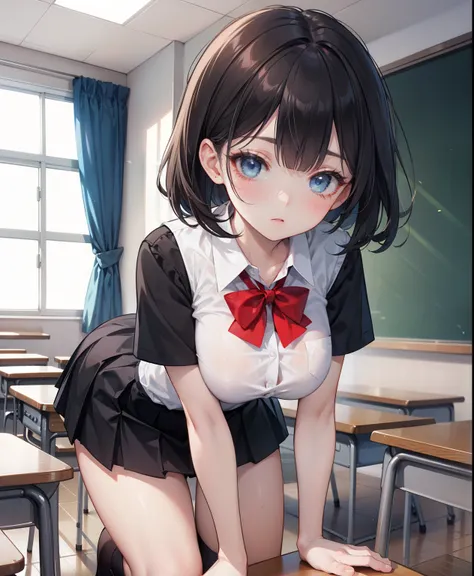 Dynamic posing, dynamic angle, Arrange pose,Top quality work，Show Legs，(short black hair),(blue eyes), Rose cheeks, Pretty Face, A perfectly proportioned face, school shirt with red bow and black skirt, (school uniform), white stockings，in classroom，full-b...