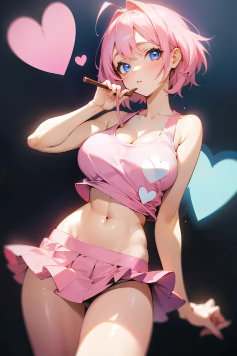 Girl, pink hair, blue eyes, hearts tank top, big breasts, short skirt, exposed stomach, ice cream