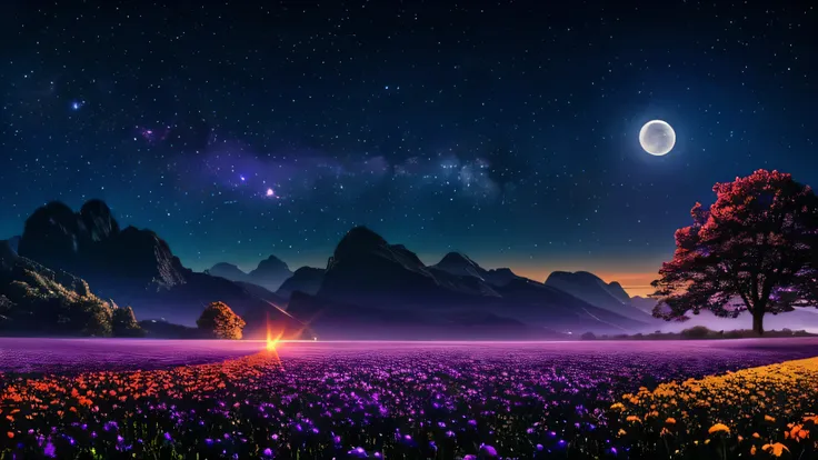 expansive landscape photograph , (a view from below that shows sky above and open field below), a girl standing on flower field ...