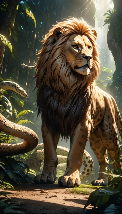 a majestic lion, a towering giraffe, a coiled snake, intricate details, beautiful vibrant colors, cinematic lighting, highly detailed, photorealistic, 8k, masterpiece, dramatic composition, dynamic poses, lush jungle environment, natural lighting, stunning...