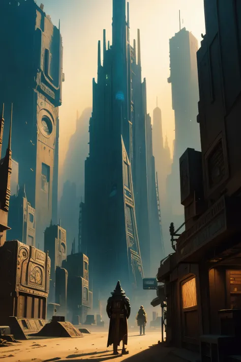 there is a painting of a futuristic city with a giant robot head, jodorowskys dune, insanely detailed matte painting, peter gric and dan mumford, intricate matte painting, jodorowskys dune movie, style of john harris, jean giraud 8 k, hyperdetailed matte p...