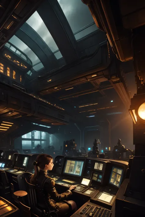 steampunk exterior of a spaceship. Through the windows you can see the landscape of an alien planet, the entire space is full of work consoles with electronic devices and screens, full-HD , girl, gothic style dress , photo gothic style