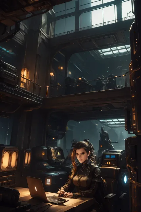 steampunk exterior of a spaceship. Through the windows you can see the landscape of an alien planet, the entire space is full of work consoles with electronic devices and screens, full-HD , girl, gothic style dress , photo gothic style