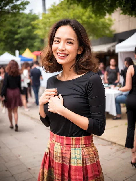 ((highest quality)), ((8k)), ((masterpiece: 1.3)), (Perfect appearance), (Photorealism: 1.6), (歩くwoman), (Crowded festival venue), ( Tree-lined street (Stalls on both sides), Japanese, woman, 36 years old, ((Realistic skin texture)), (Fine lines all over t...