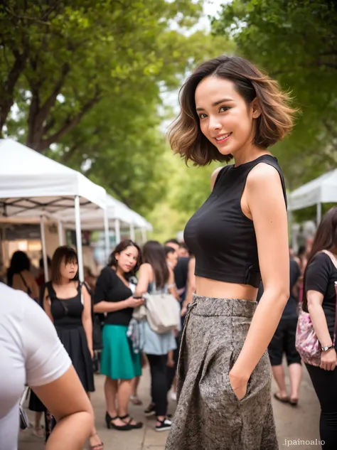 ((highest quality)), ((8k)), ((masterpiece: 1.3)), (Perfect appearance), (Photorealism: 1.6), (歩くwoman), (Crowded festival venue), ( Tree-lined street (Stalls on both sides), Japanese, woman, 36 years old, ((Realistic skin texture)), (Fine lines all over t...