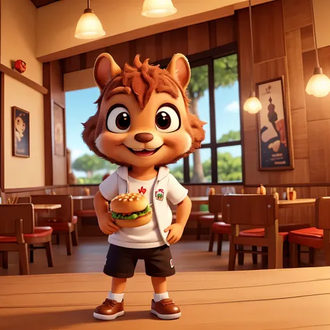 Create the image of an adorable squirrel named Theozinho, cute, charming, with a fluffy tail, big ears, bright, captivating eyes and a charming smile. Eating a hamburger at a restaurant called Digão, he is wearing black shorts and a Flamengo club shirt